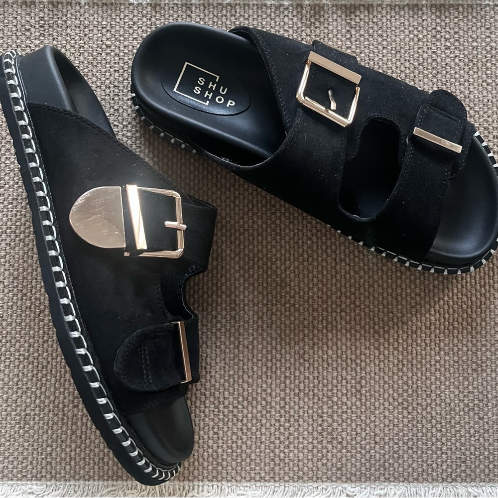 ShuShop Black Suede Double-Buckle Slide Sandals with Gold Hardware Size 10 New